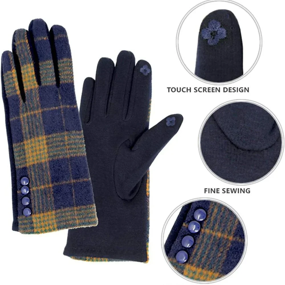 Black Button Plaid Smart Gloves Fleece Lined Smart Touch Text Friend